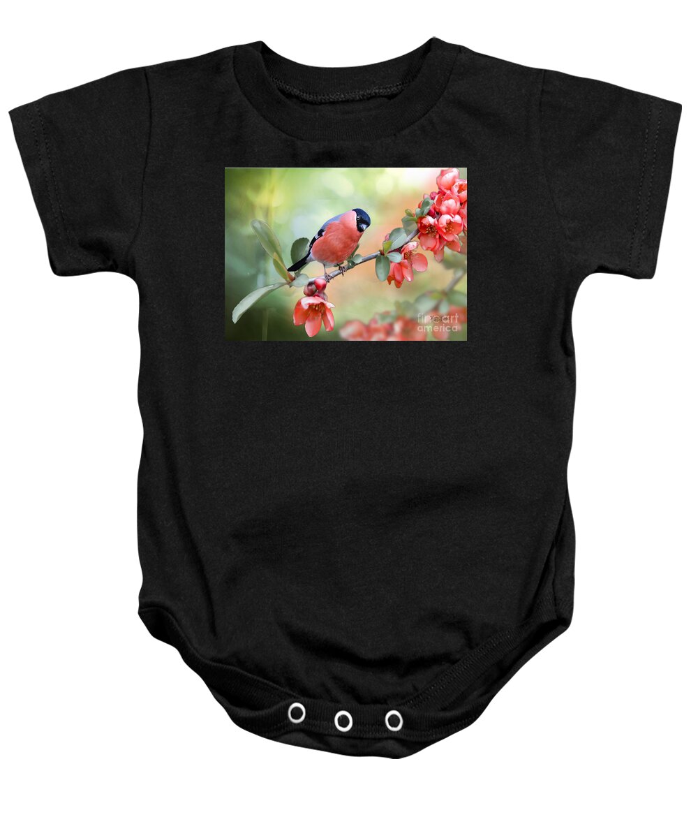 Bull Finch Baby Onesie featuring the mixed media Little Bull Finch on Quince Blossom by Morag Bates