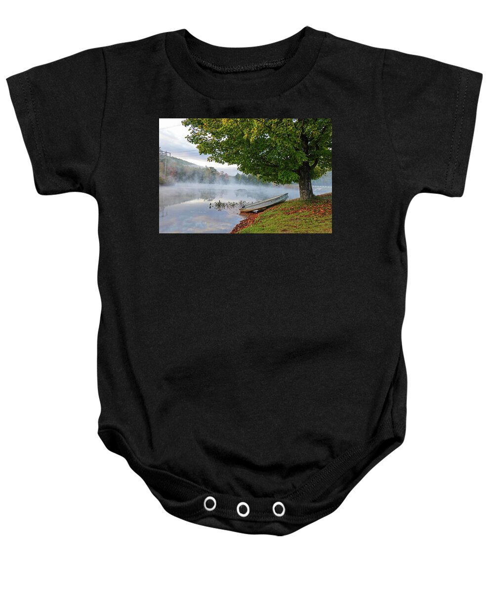 Ludlow Baby Onesie featuring the photograph Ludow VT Row Boat Misty Morning Fall Foliage by Toby McGuire