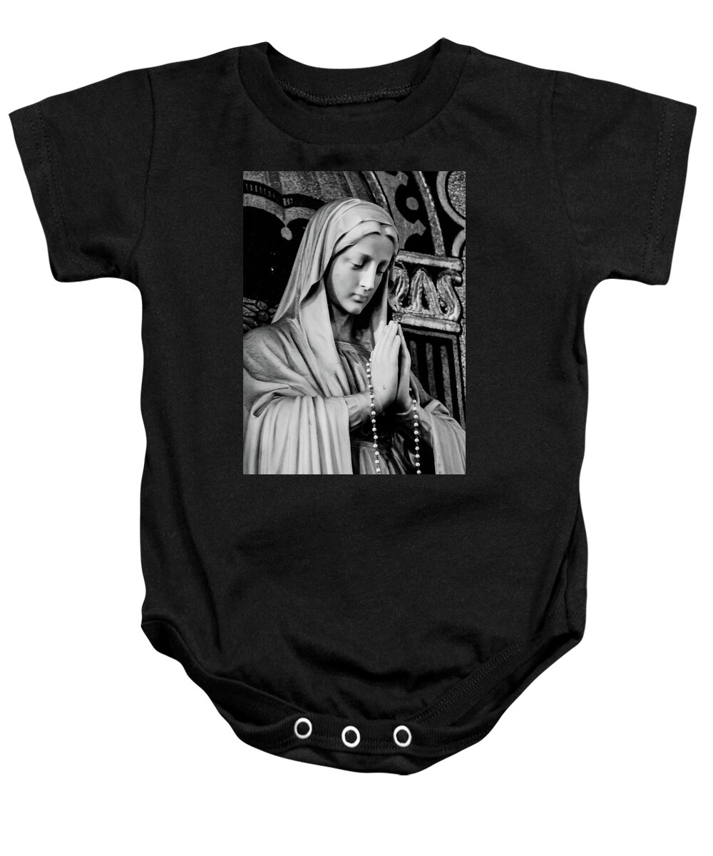 Mary Statue Church Rosary B&w Baby Onesie featuring the photograph Mary by John Linnemeyer