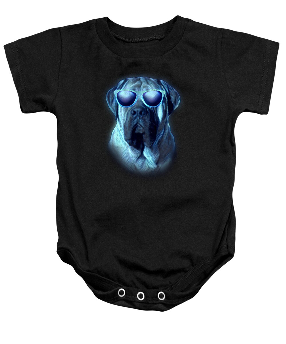 Mastiff Gifts Baby Onesie featuring the digital art Mastiff Neon Dog Sunglasses by Jacob Zelazny