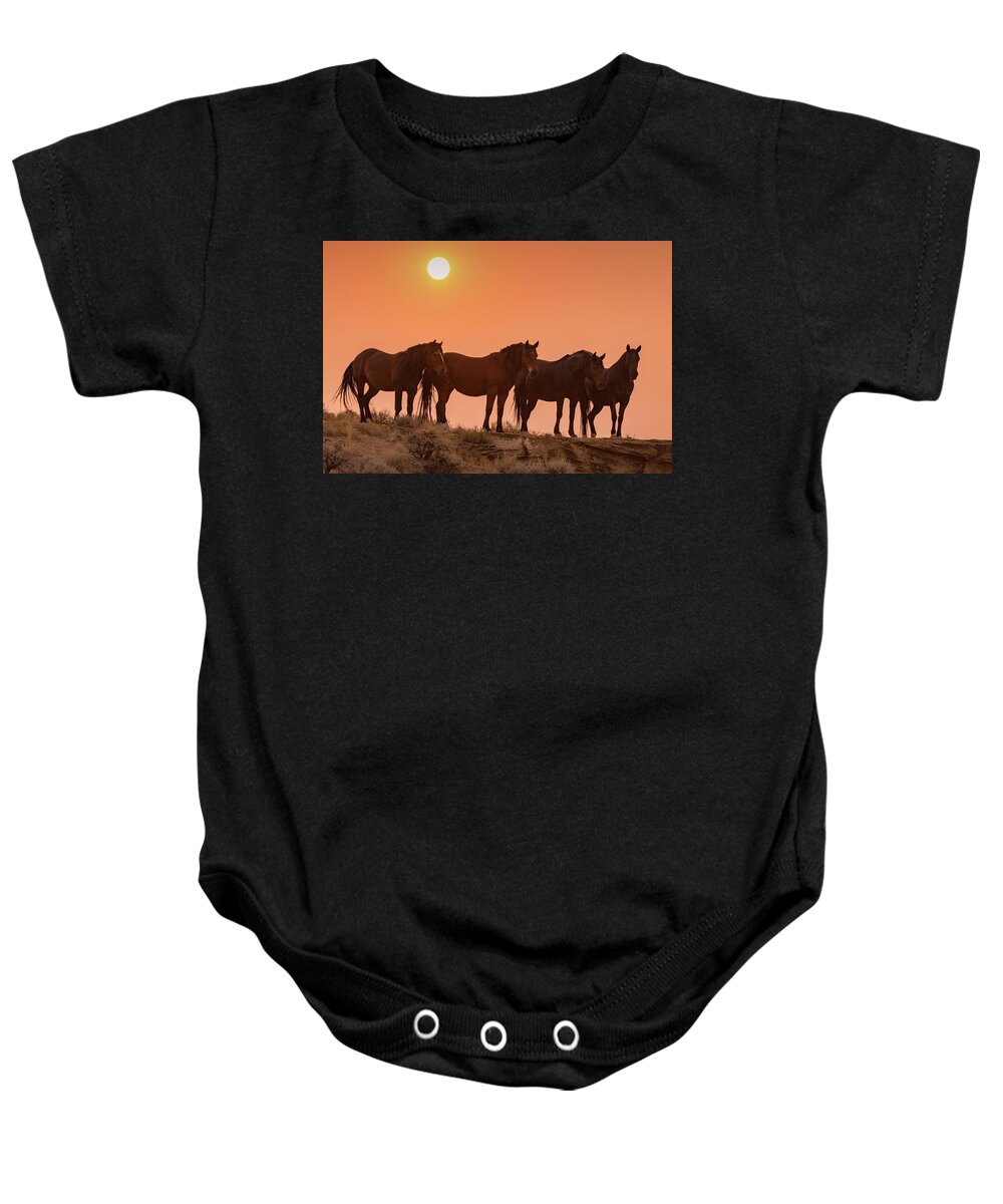 Horse Baby Onesie featuring the photograph McCullough Peaks Sunset by Jen Britton