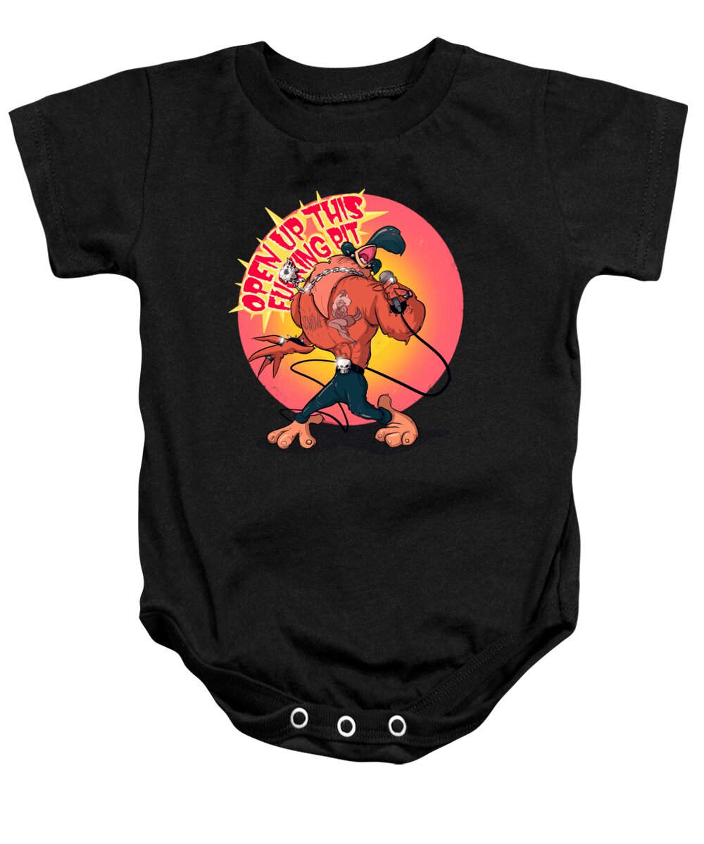 Rock Baby Onesie featuring the drawing Metal Rooster by Ludwig Van Bacon