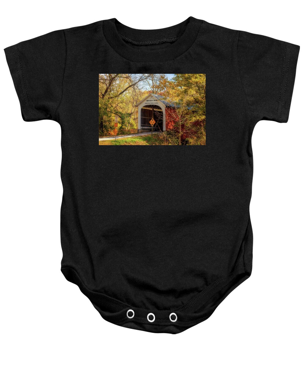Parke County Covered Bridges Baby Onesie featuring the photograph Mill Creek Covered Bridge - Parke County, Indiana by Susan Rissi Tregoning