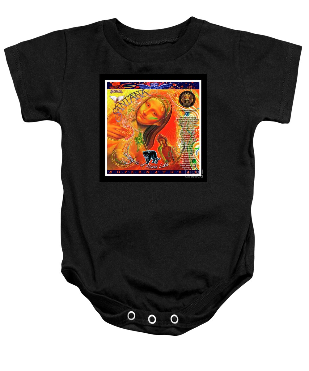 Mona Lisa Baby Onesie featuring the mixed media Mona Lisa and Santana - Mixed Media Record Album Cover Pop Art Collage Print by Steven Shaver