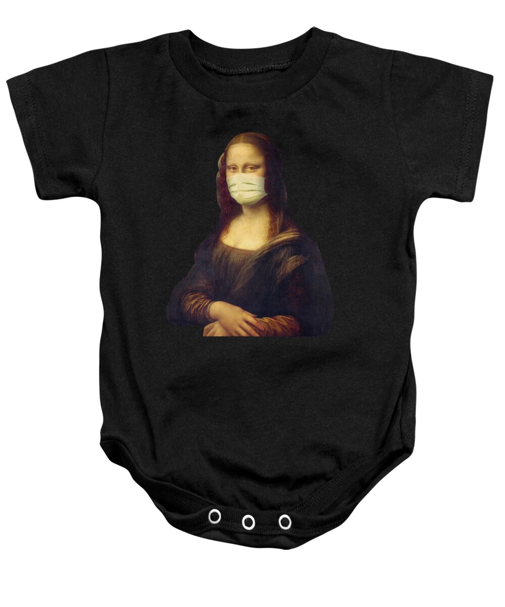 Mona Lisa Baby Onesie featuring the painting Mona Lisa wearing a mask by Delphimages Photo Creations