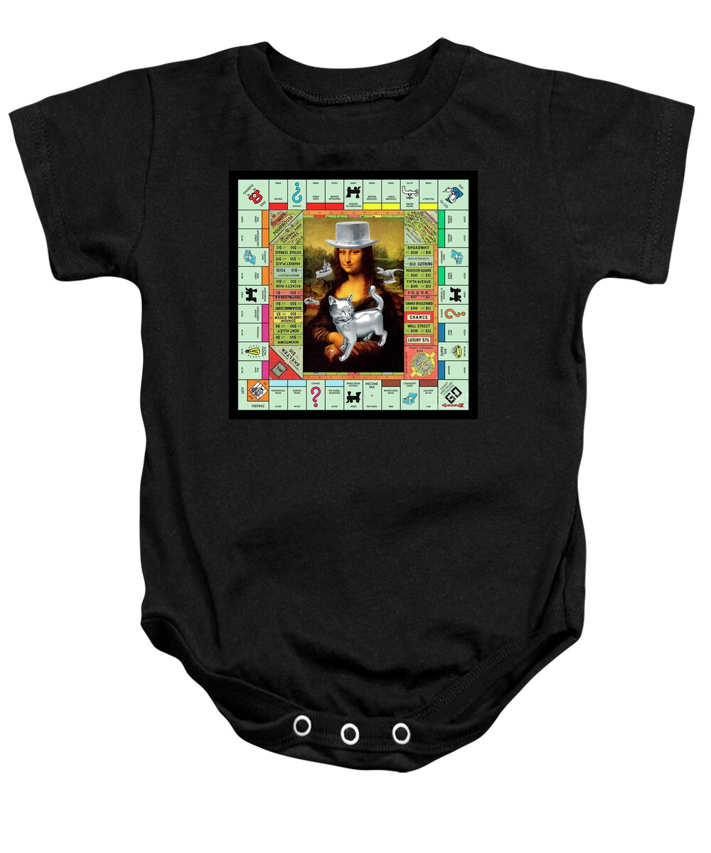 Mona Lisa Baby Onesie featuring the mixed media Monopolisa - Mixed Media Pop Art Collage of Mona Lisa on Old Monopoly Gameboard by Steven Shaver