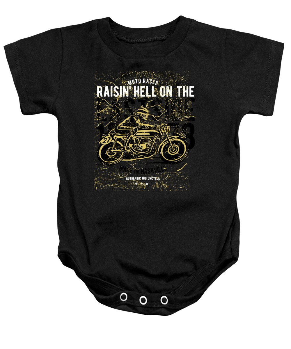 Tennessee Baby Onesie featuring the digital art Moto Racer Raisin Hell On The East Side by Jacob Zelazny