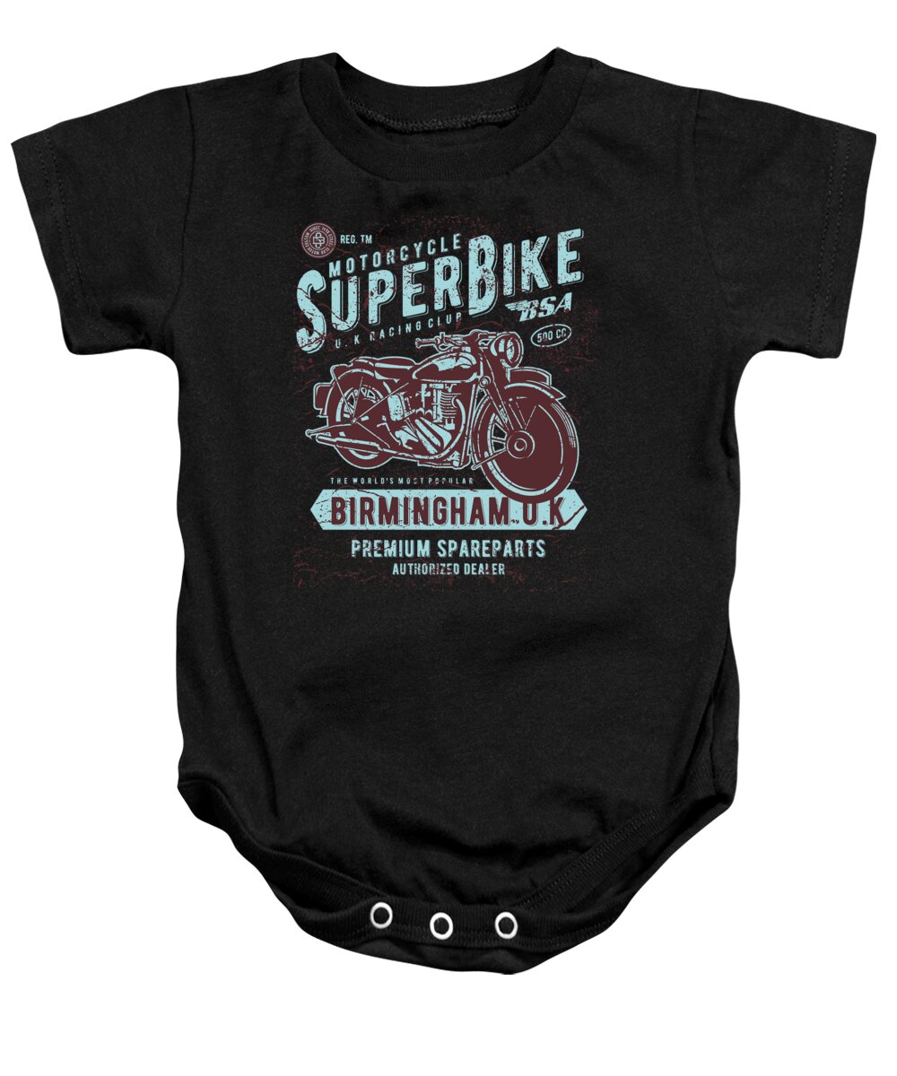Dirtbike Baby Onesie featuring the digital art Motorcycle Super Bike Racing Club by Jacob Zelazny