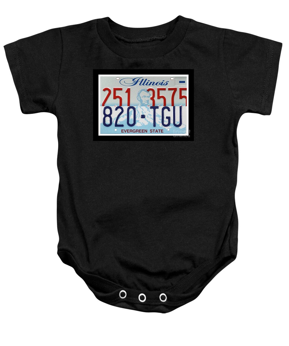 Washington Baby Onesie featuring the mixed media Mt. Ranier Lincoln Head Print - Recycled Illinois and Washington License Plate Art by Steven Shaver by Steven Shaver