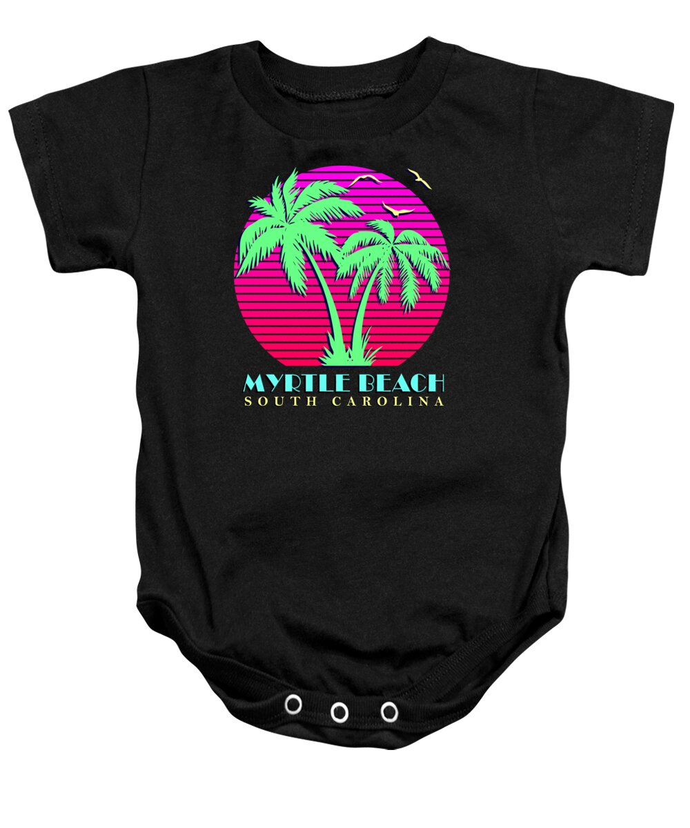 Classic Baby Onesie featuring the digital art Myrtle Beach Retro Palm Trees Sunset by Megan Miller