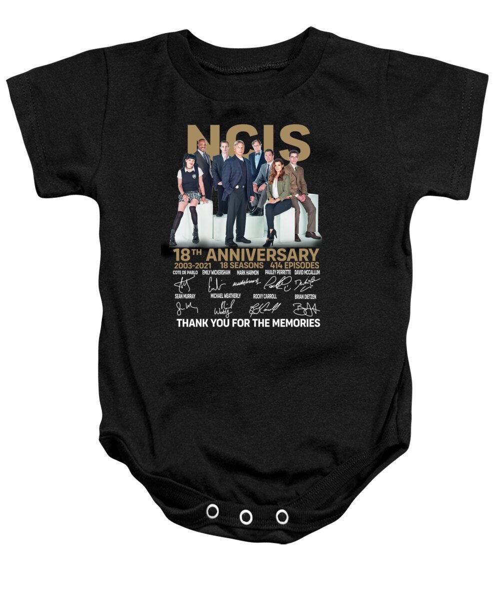 Ncis Baby Onesie featuring the digital art NCIS 18th Anniversary 2003 2021 18 Seasons 414 Episodes Thank You For The Memories Signatures by Thh