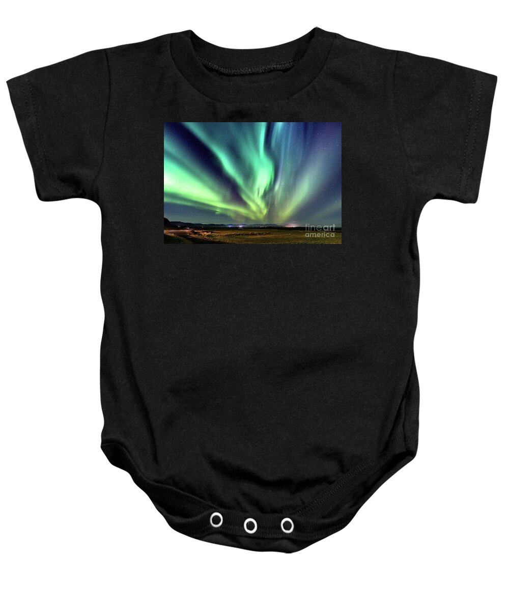 Iceland Baby Onesie featuring the photograph Northern lights, Aurora Borealis in the night sky, Iceland. Thes by Jane Rix