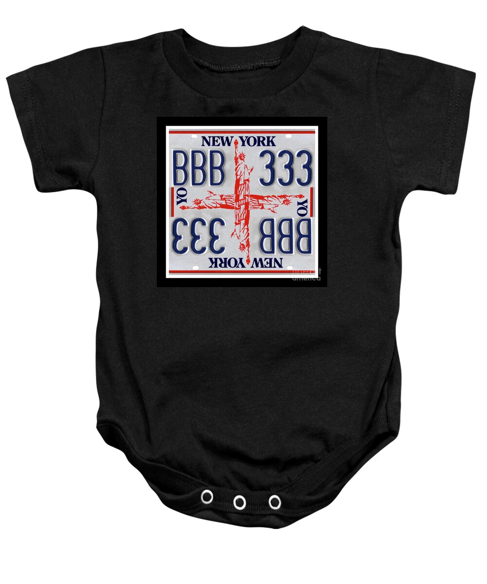 New York Baby Onesie featuring the mixed media NY Statue of Liberty Cross Print - Recycled New York License Plates Art by Steven Shaver