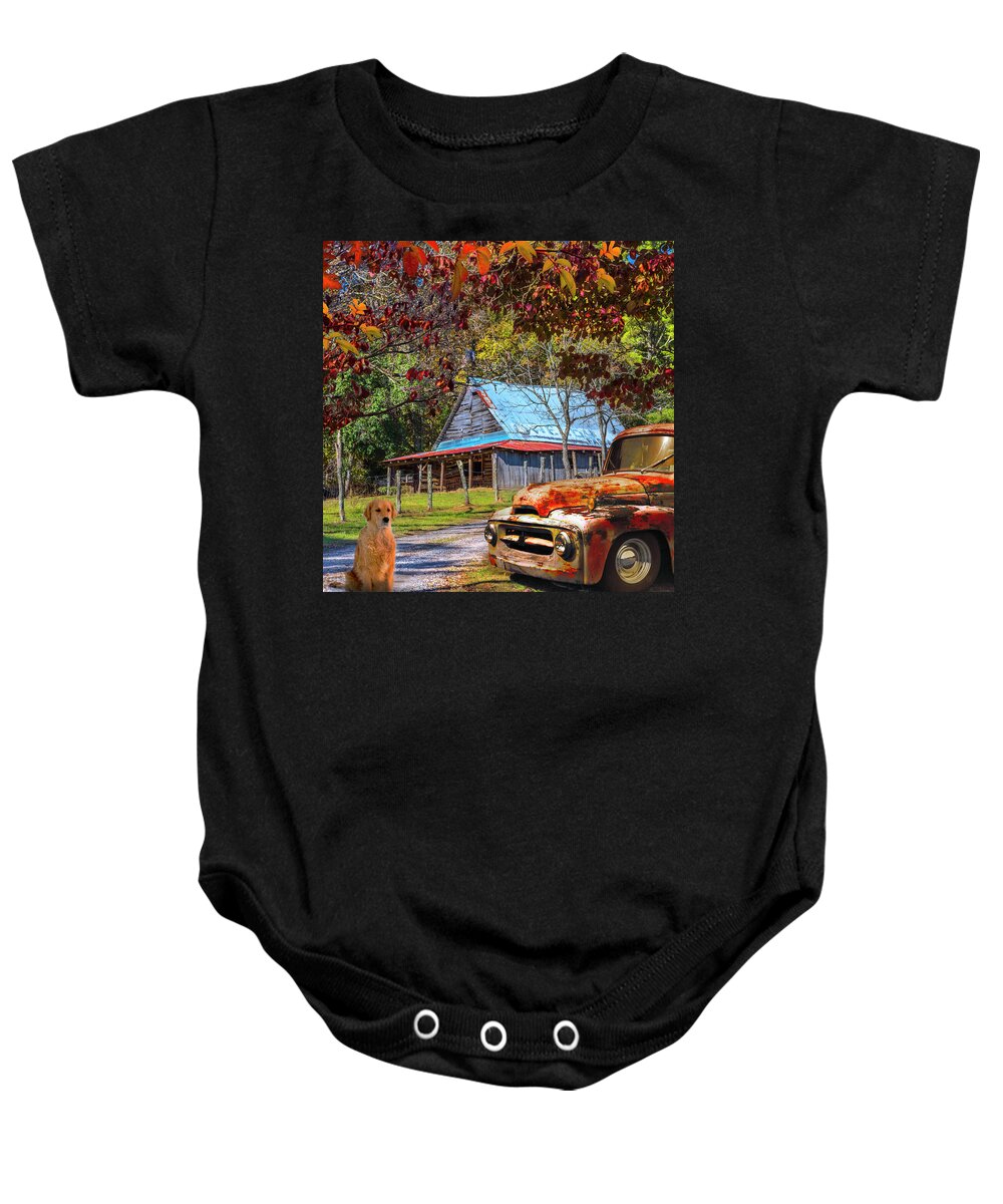 1951 Baby Onesie featuring the photograph Ol' Country Rust in Square by Debra and Dave Vanderlaan