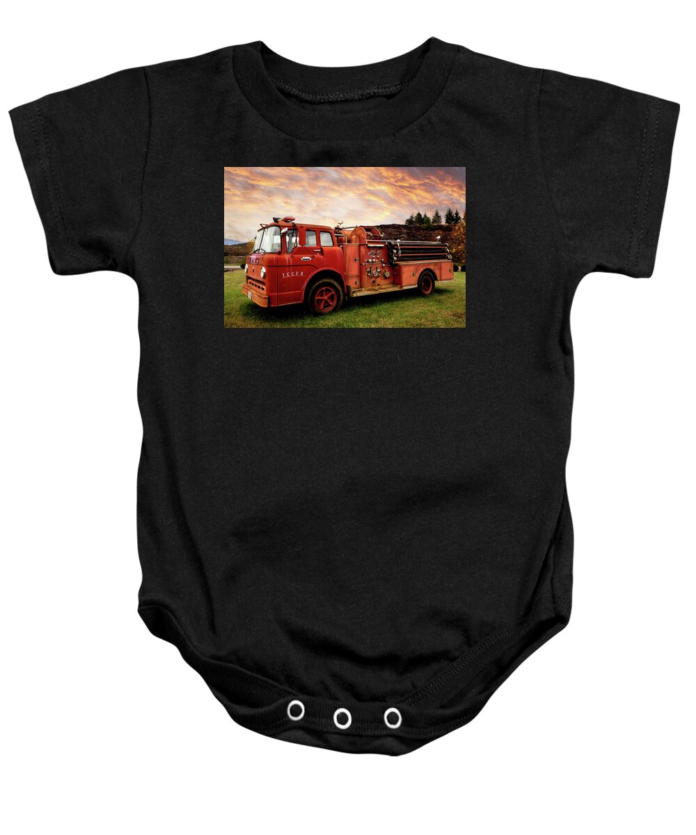 Firetruck Baby Onesie featuring the photograph Old Fire Truck in the Country by Debra and Dave Vanderlaan