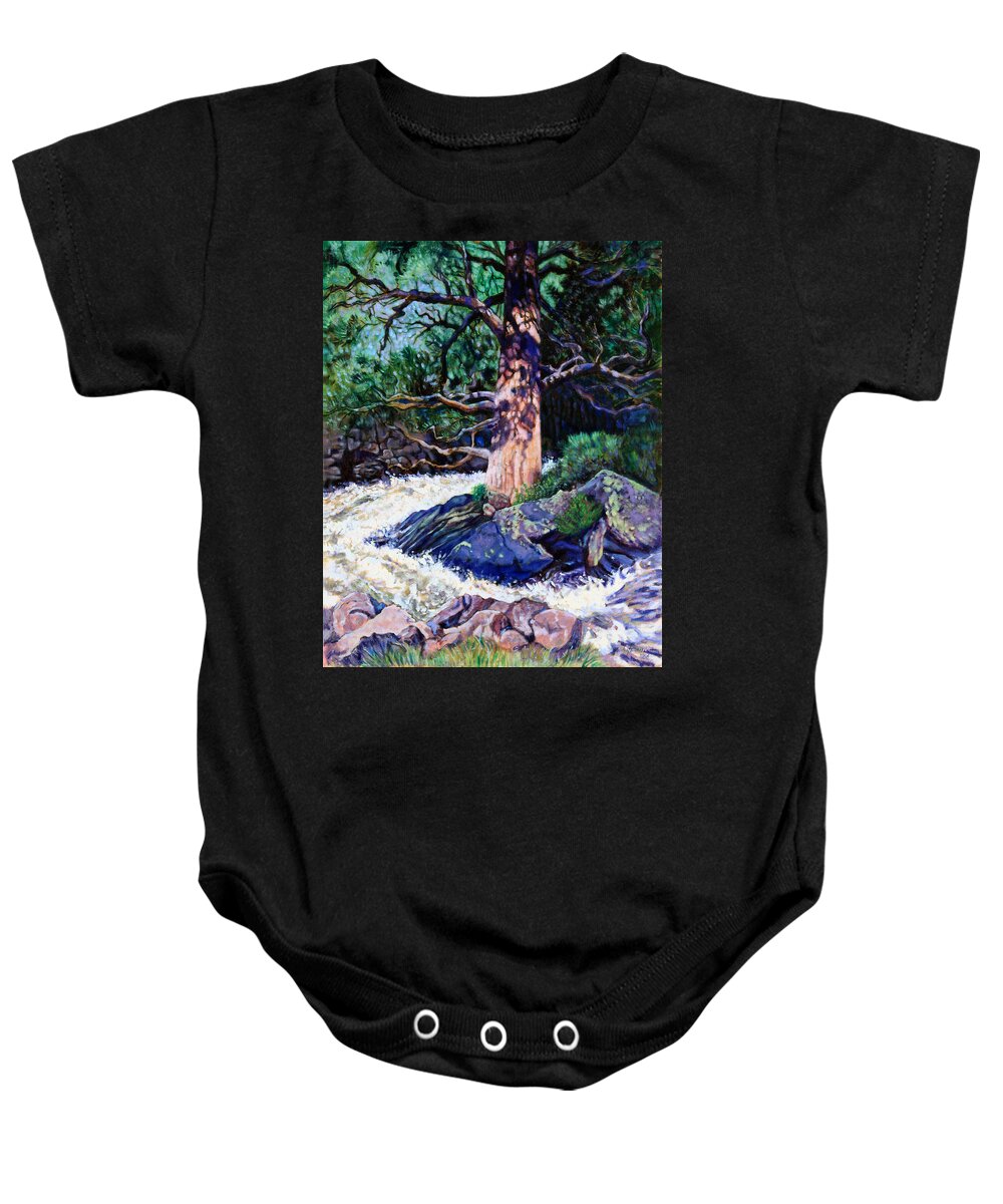 Old Pine Baby Onesie featuring the painting Old Pine In Rushing Stream by John Lautermilch