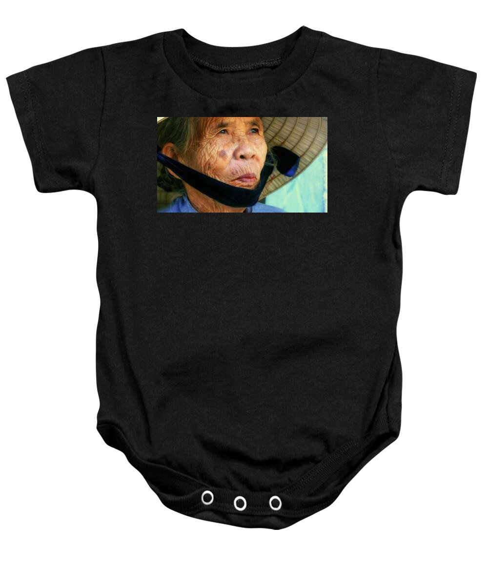 Hat Baby Onesie featuring the photograph Old Vietnamese lady with the conical hat by Robert Bociaga