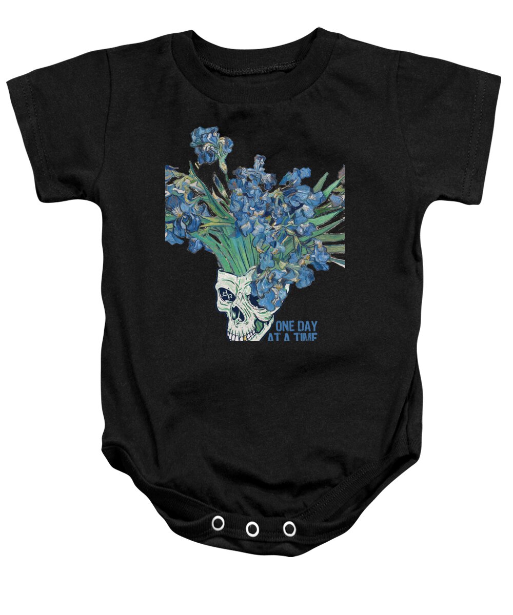 Sobriety Baby Onesie featuring the painting One Day At A Time AA Sober NA Van Gogh Skull Tee Tees T-Shirt by Tony Rubino