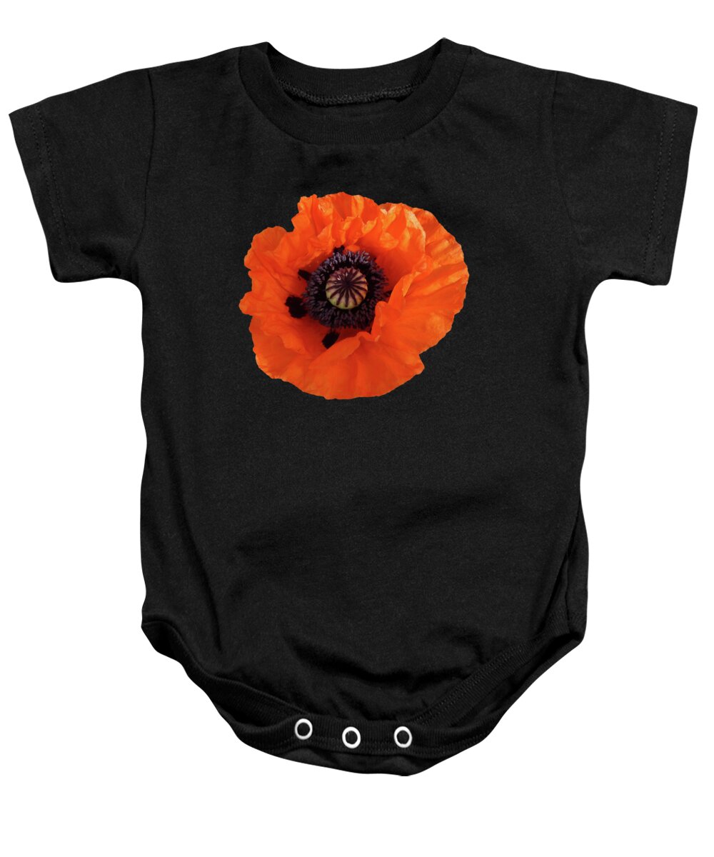 Flower Baby Onesie featuring the photograph Orange Poppy On Black Square Art by Deborah League