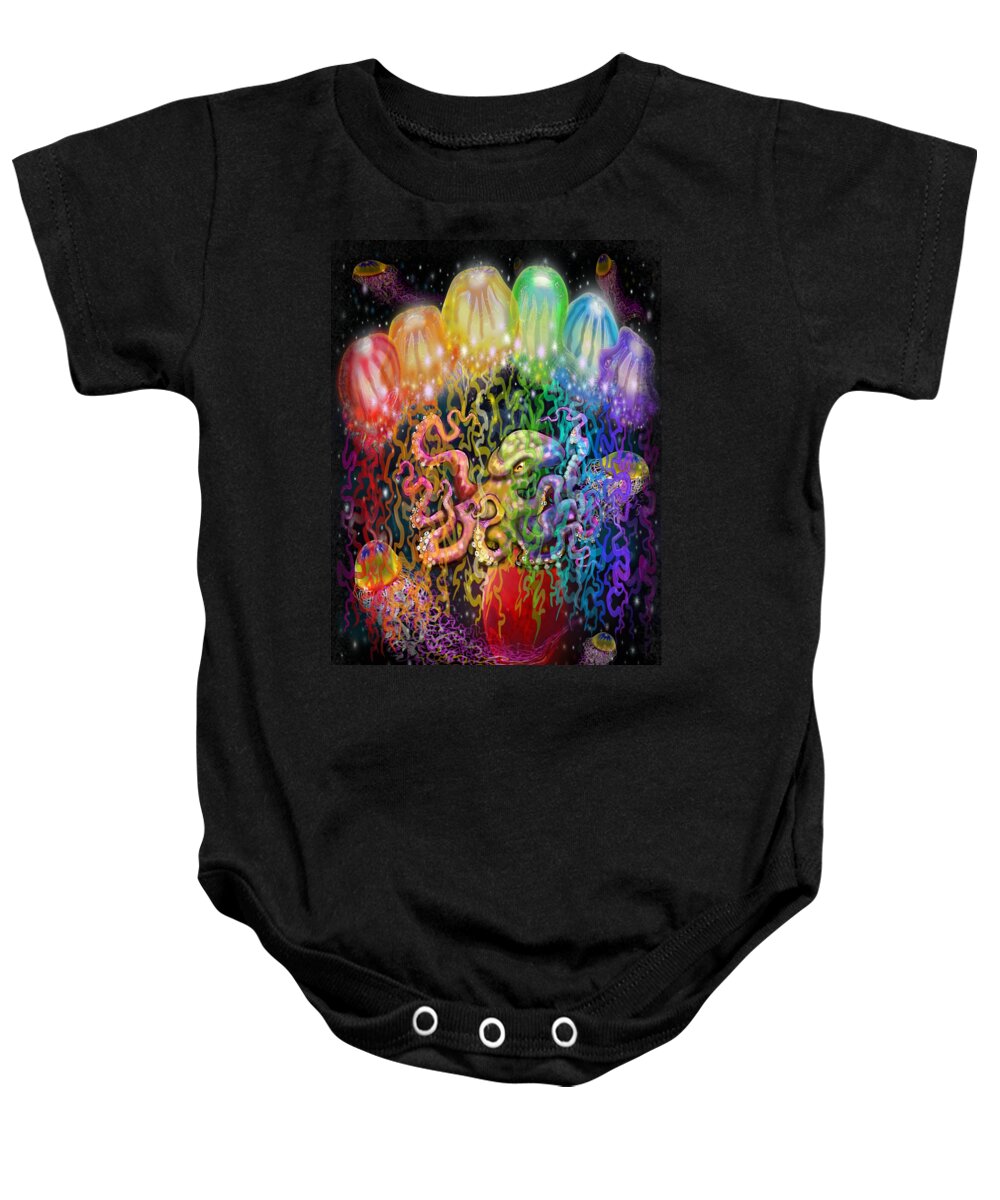 Space Baby Onesie featuring the digital art Outer Space Rainbow Alien Tentacles by Kevin Middleton