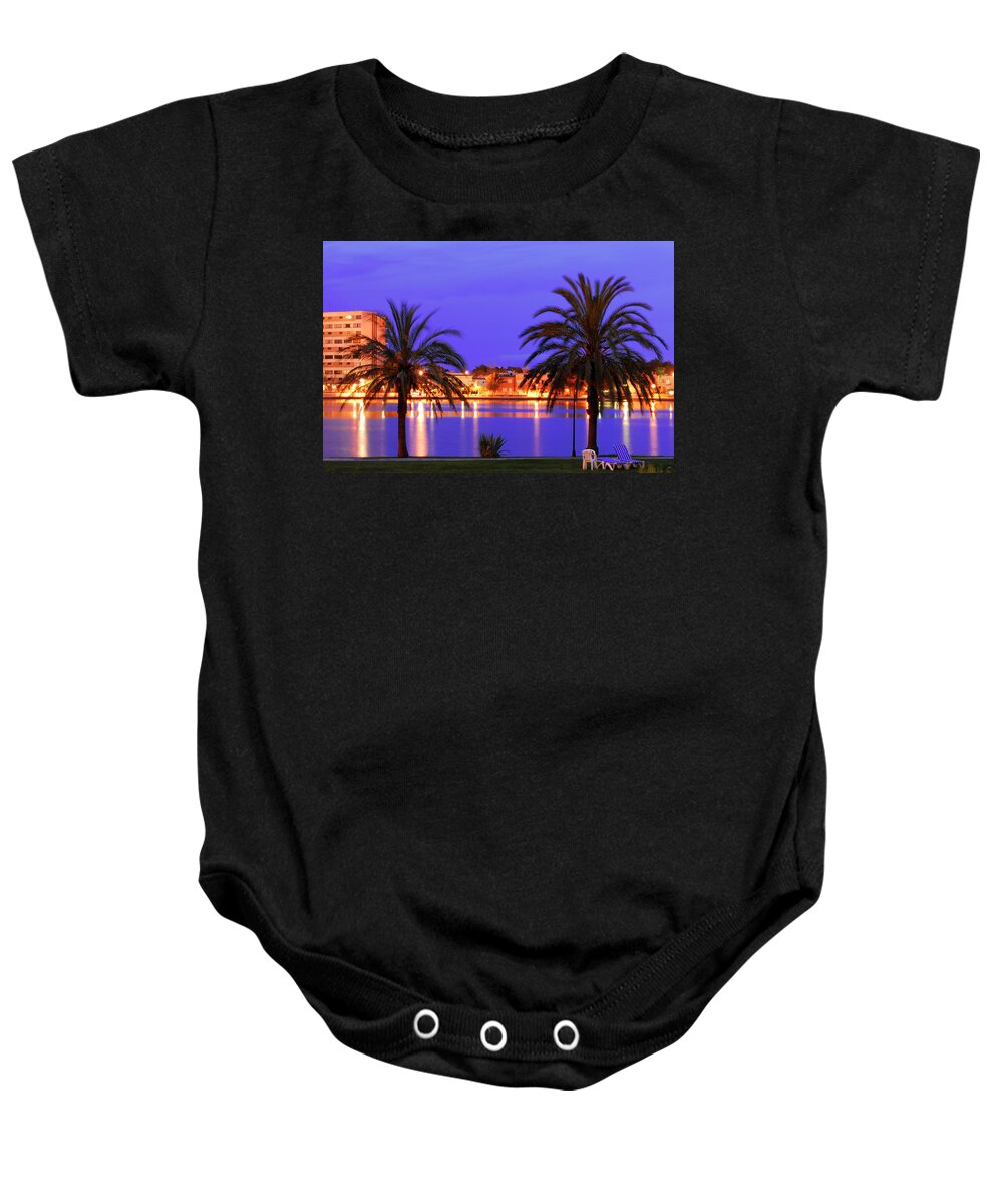 Reflection Baby Onesie featuring the photograph Palm trees in dusk evening by Severija Kirilovaite