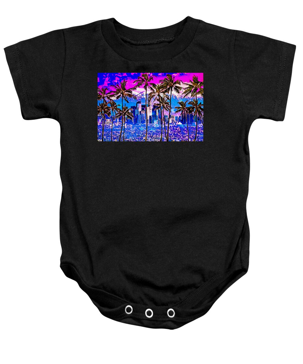 Los Angeles Baby Onesie featuring the digital art Palm trees in front of Los Angeles skyline at sunset - digital painting by Nicko Prints