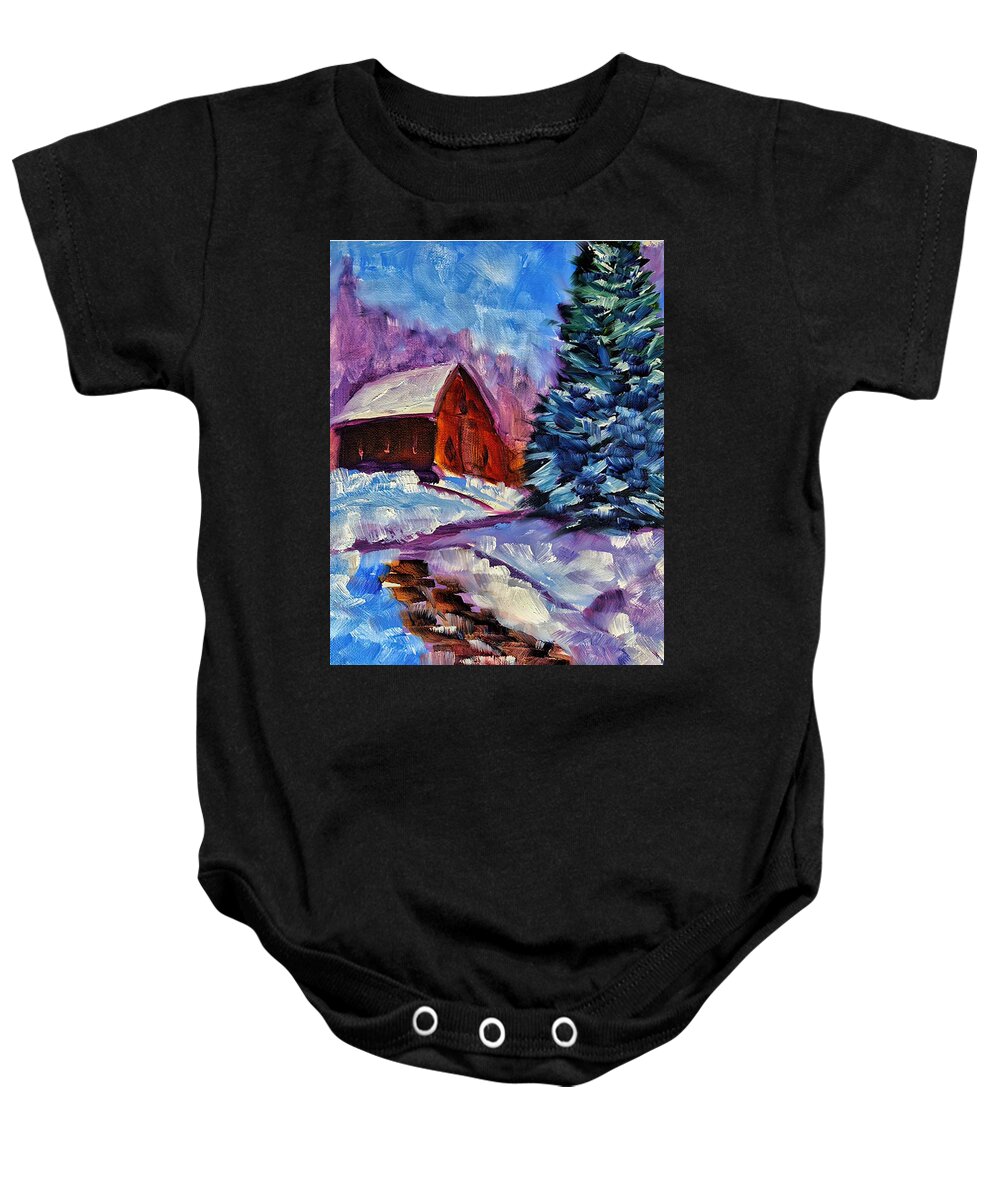 Snow Scene Baby Onesie featuring the painting Pathway to a Happy Place by Ruben Carrillo