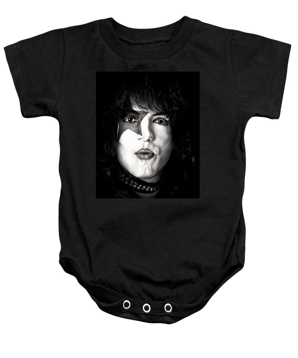 Kiss Baby Onesie featuring the drawing Paul Stanley - KISS - Black and White Edition by Fred Larucci