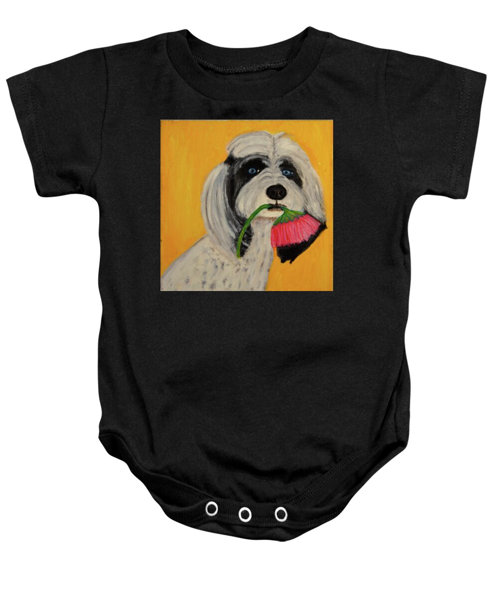Dogs Baby Onesie featuring the painting Picking Flowers by Anita Hummel