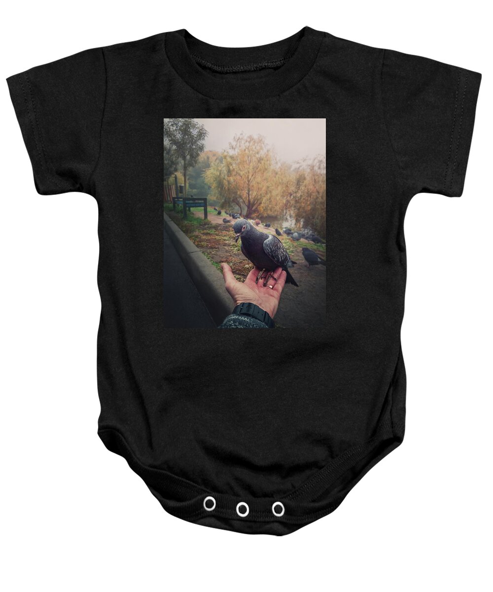 Pigeon Baby Onesie featuring the photograph Pigeon In Hand by PsychoShadow ART