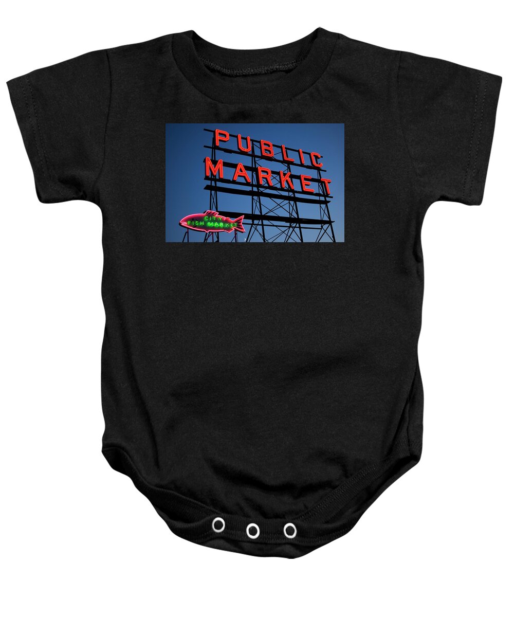 Pike Baby Onesie featuring the photograph Pike Place Market Sign by Sean Hannon