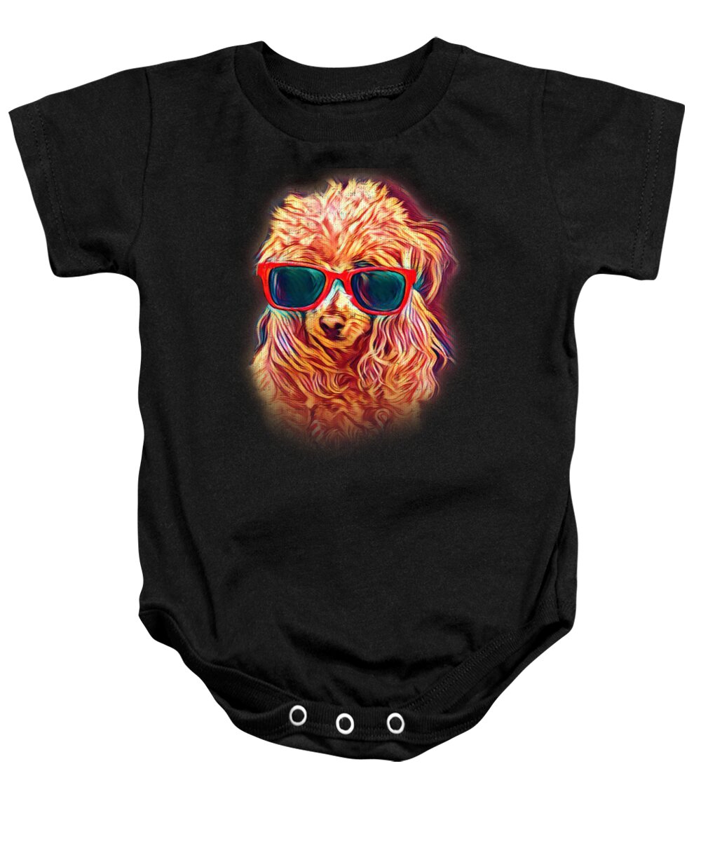 Dog Baby Onesie featuring the digital art Poodle Apricot Colorful Neon Dog Sunglasses by Jacob Zelazny