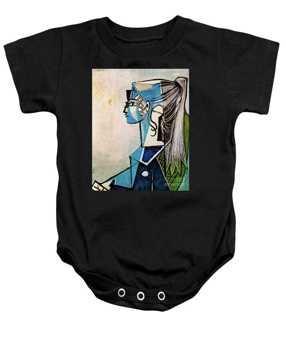 Portrait Baby Onesie featuring the painting Portrait of Sylvette David on a Green Chair by Pablo Picasso 195 by Pablo Picasso