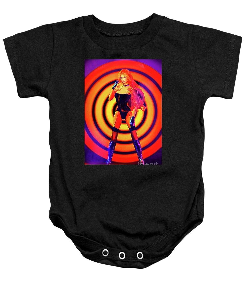 Pin-up Baby Onesie featuring the digital art Psychedelic Hypnotic Pin-Up Girl by Alicia Hollinger