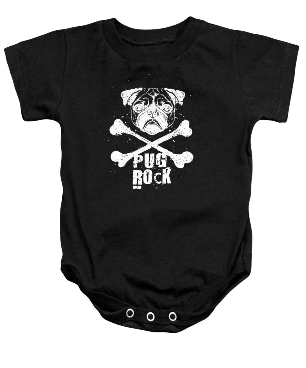 Funny Pug Baby Onesie featuring the digital art Pug Rock Funny Punk Rock Music Dog by Jacob Zelazny