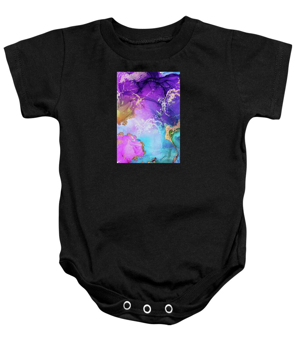 Purple Baby Onesie featuring the painting Purple, Blue And Gold Metallic Abstract Watercolor Art by Modern Art