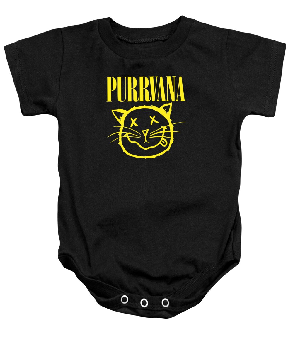 Purrvana Baby Onesie featuring the digital art Purrvana Funny Cat Grunge Music Musician by Jacob Zelazny