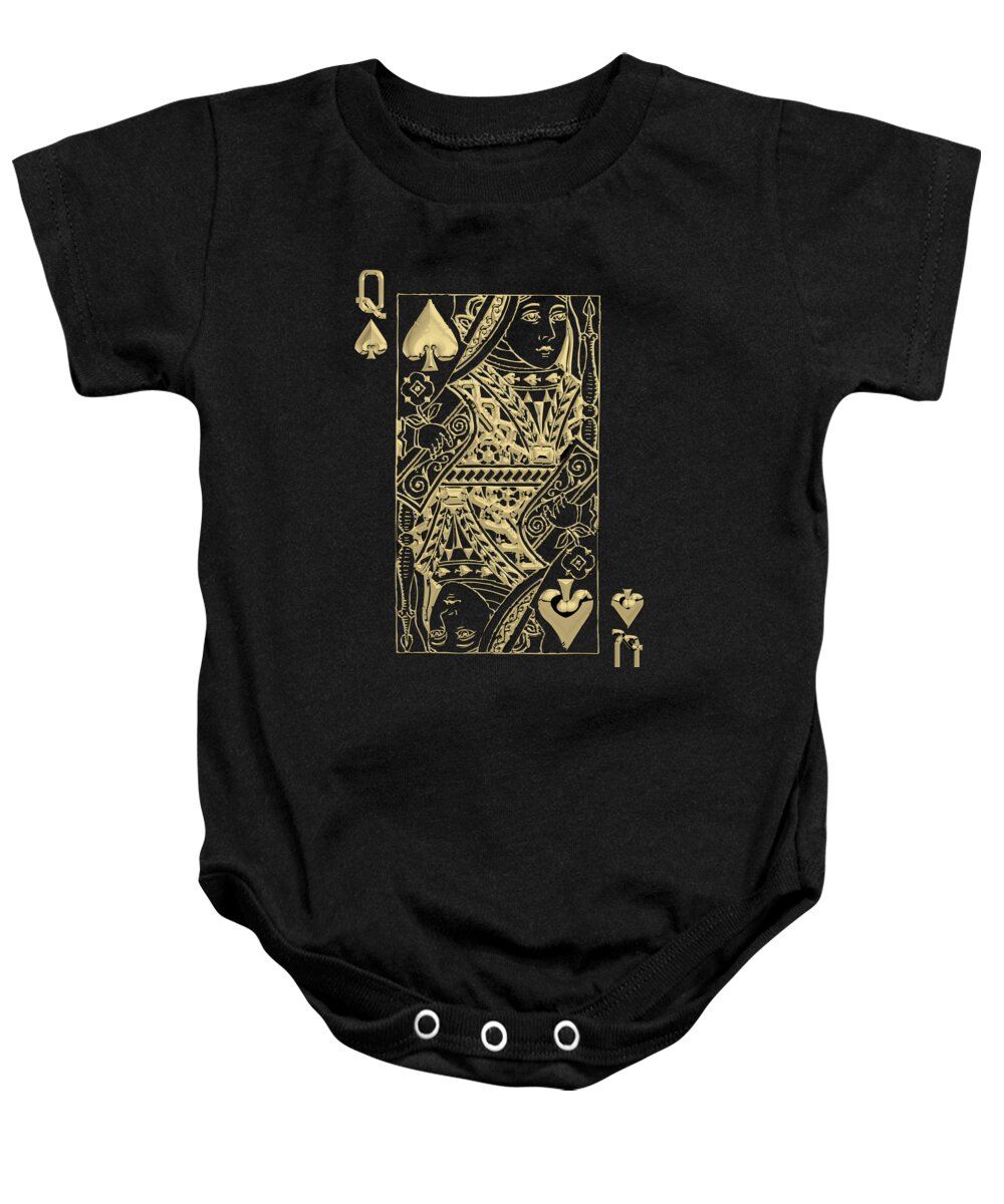 'gamble' Collection By Serge Averbukh Baby Onesie featuring the digital art Queen of Spades in Gold on Black  by Serge Averbukh