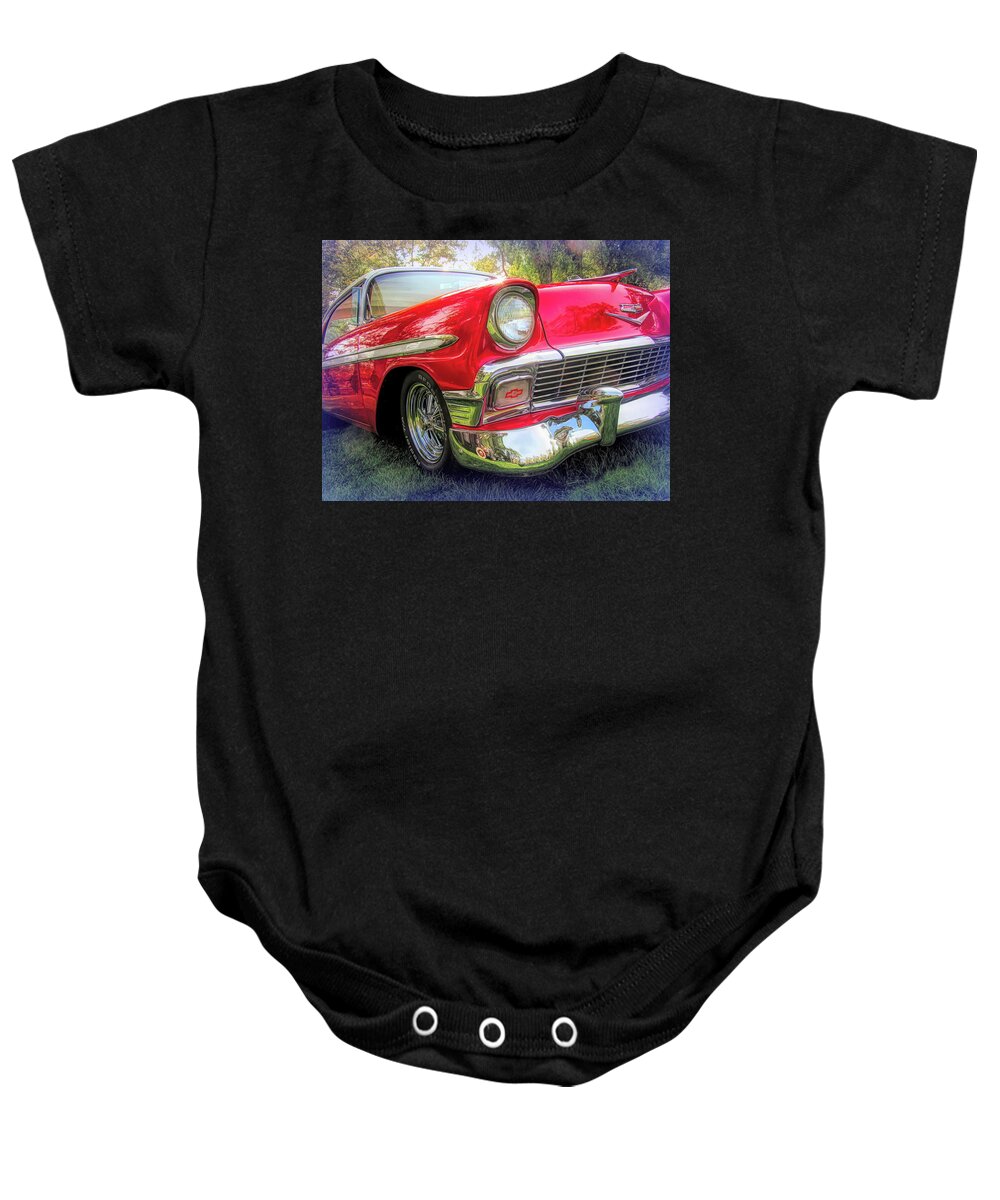 Chevy Baby Onesie featuring the photograph Red 1956 Chevy Bel Air Hot Rod by DK Digital