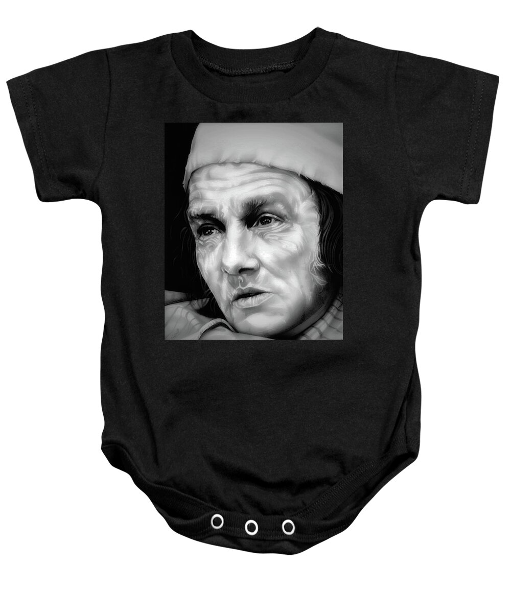 Albert Finney Baby Onesie featuring the drawing Regret - Scrooge - Albert Finney - BW Edition by Fred Larucci