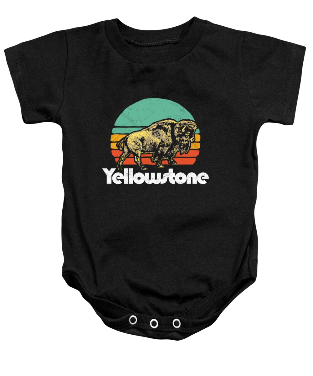 Bison Baby Onesie featuring the digital art Retro Vintage Bison Yellowstone by Tinh Tran Le Thanh