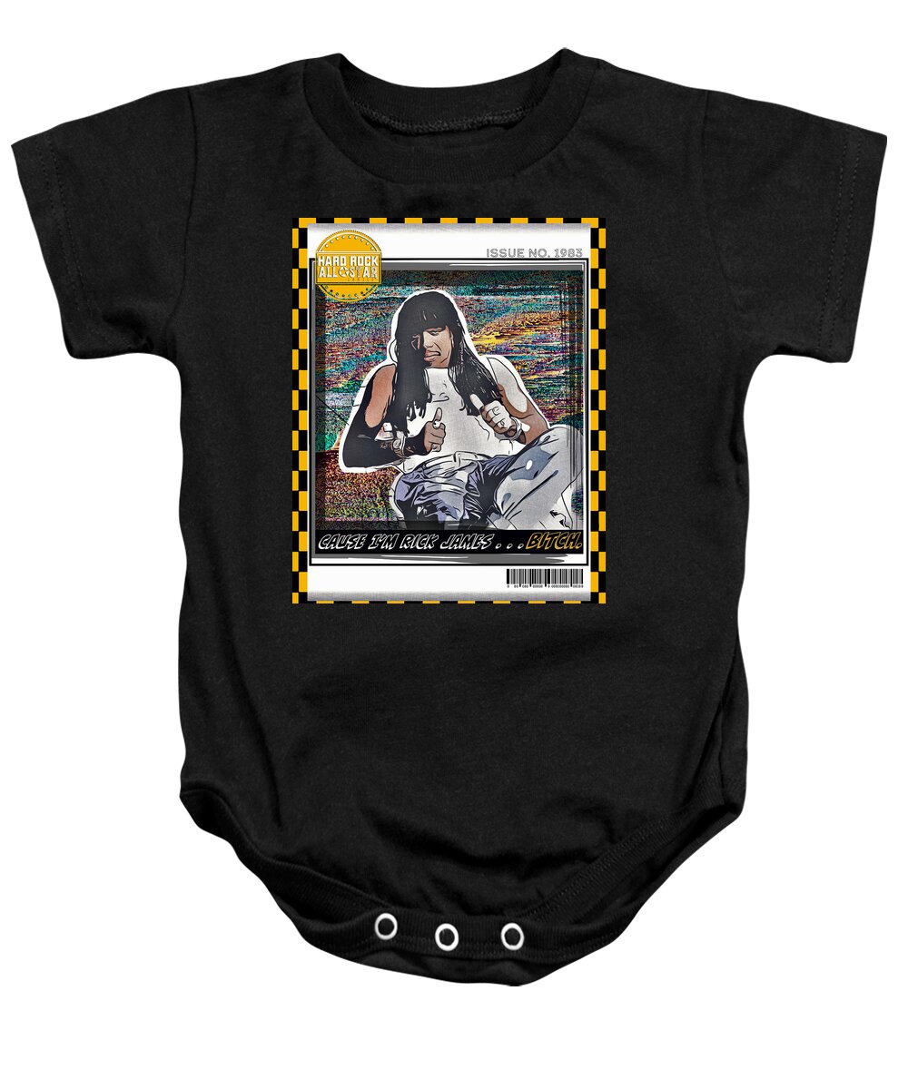 Rick James Baby Onesie featuring the digital art Rick James Bitch Issue No. 1983 by Christina Rick