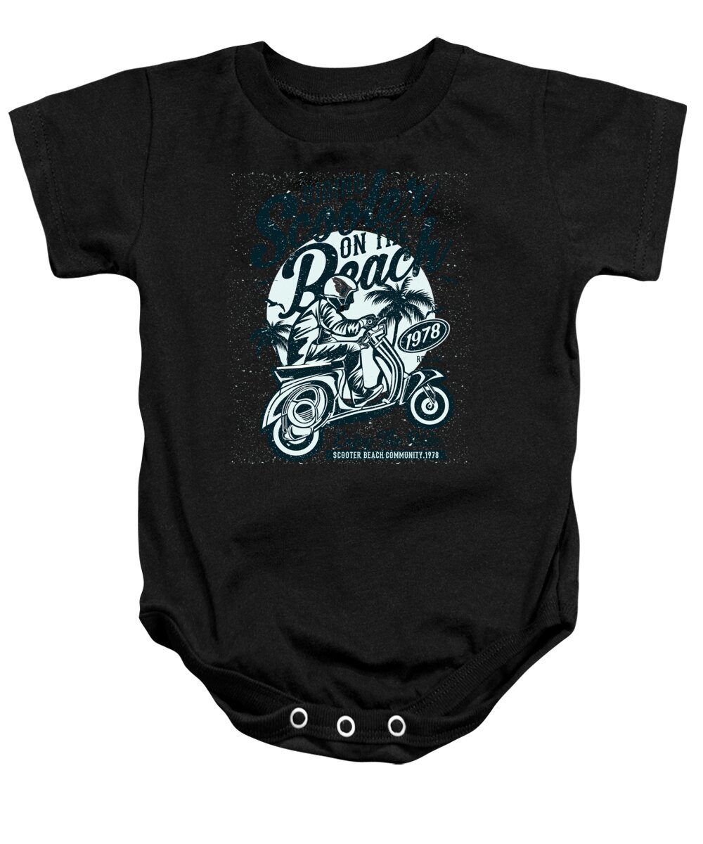 Beach Baby Onesie featuring the digital art Riding Scooter On The Beach by Jacob Zelazny
