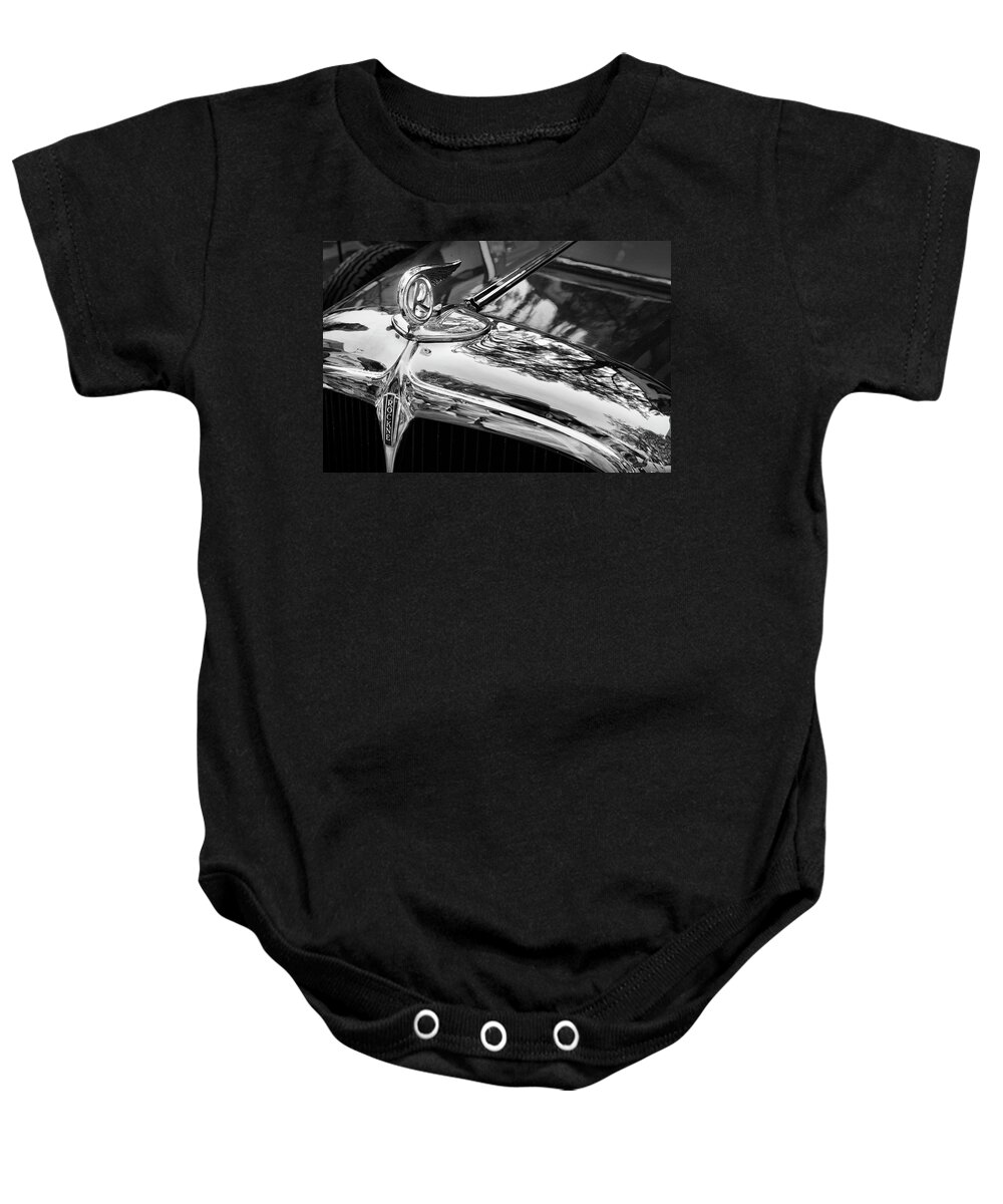 Studebaker Chrome Vintage Cars Posters Prints Classic Cars Classic Car Posters Baby Onesie featuring the photograph Rockne Studebaker Black And White by Theresa Tahara