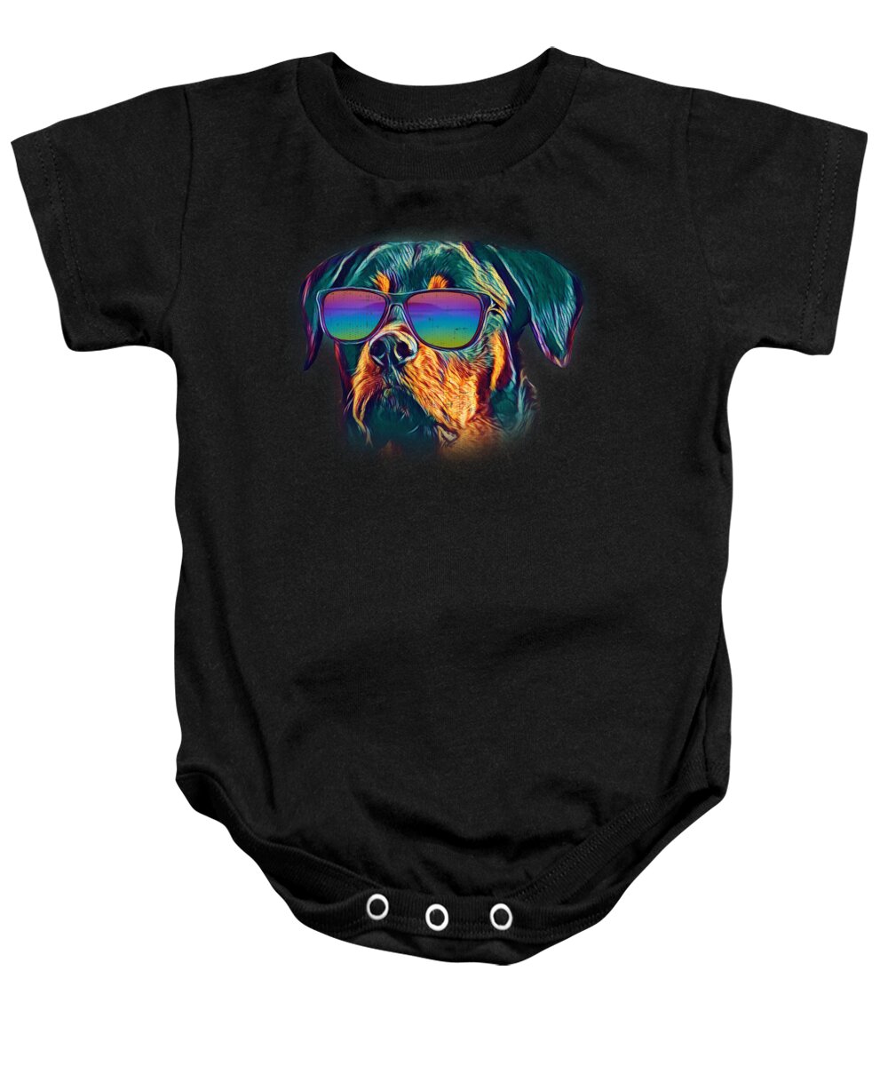 Dog Baby Onesie featuring the digital art Rottweiler Colorful Neon Dog Sunglasses by Jacob Zelazny