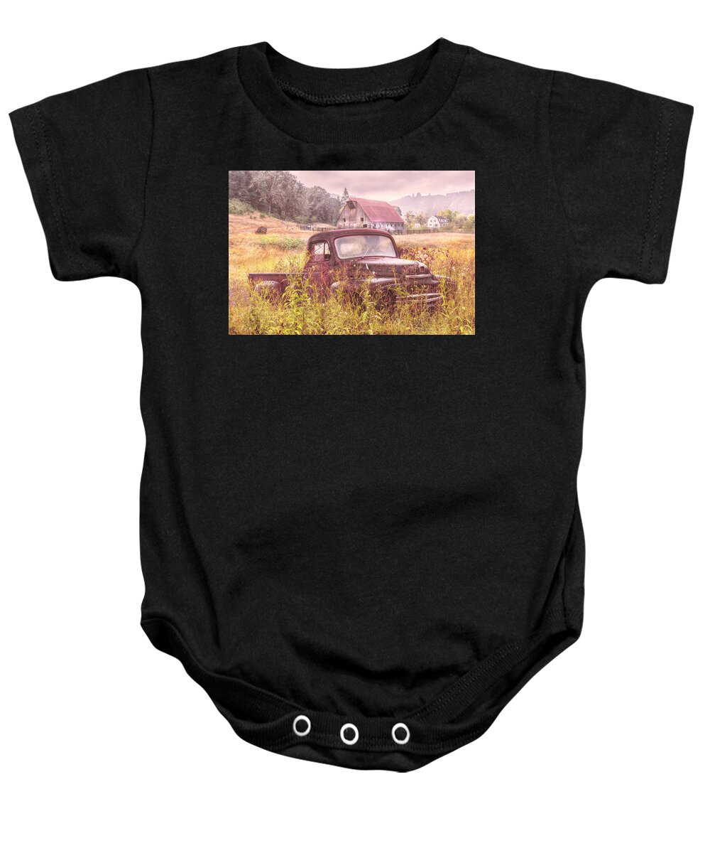 American Baby Onesie featuring the photograph Rusty Truck Deep in the Wildflowers in Soft Colors by Debra and Dave Vanderlaan