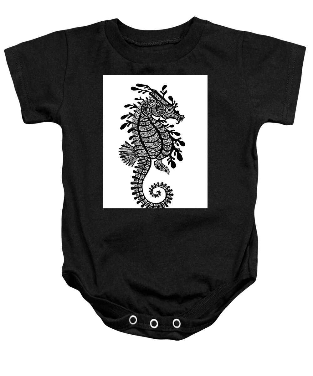 Seahorse Baby Onesie featuring the drawing Seahorse Ink 1 by Amy E Fraser