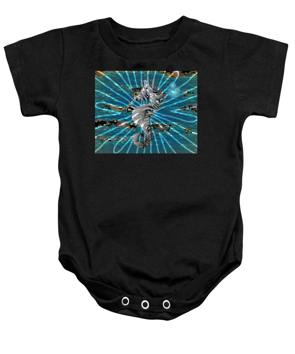 Seahorse Baby Onesie featuring the drawing Seahorse Shehorse Seashore by Joan Stratton