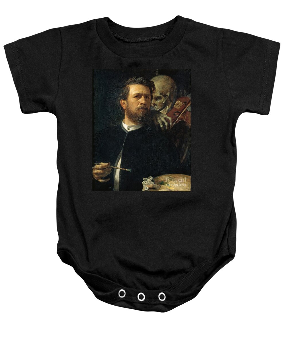 Arnold Boecklin Baby Onesie featuring the painting Self Portrait With Death Playing The Fiddle 1872 by Arnold Boecklin