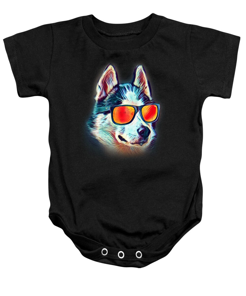 Dog Baby Onesie featuring the digital art SIberian Husky Colorful Neon Dog Sunglasses by Jacob Zelazny